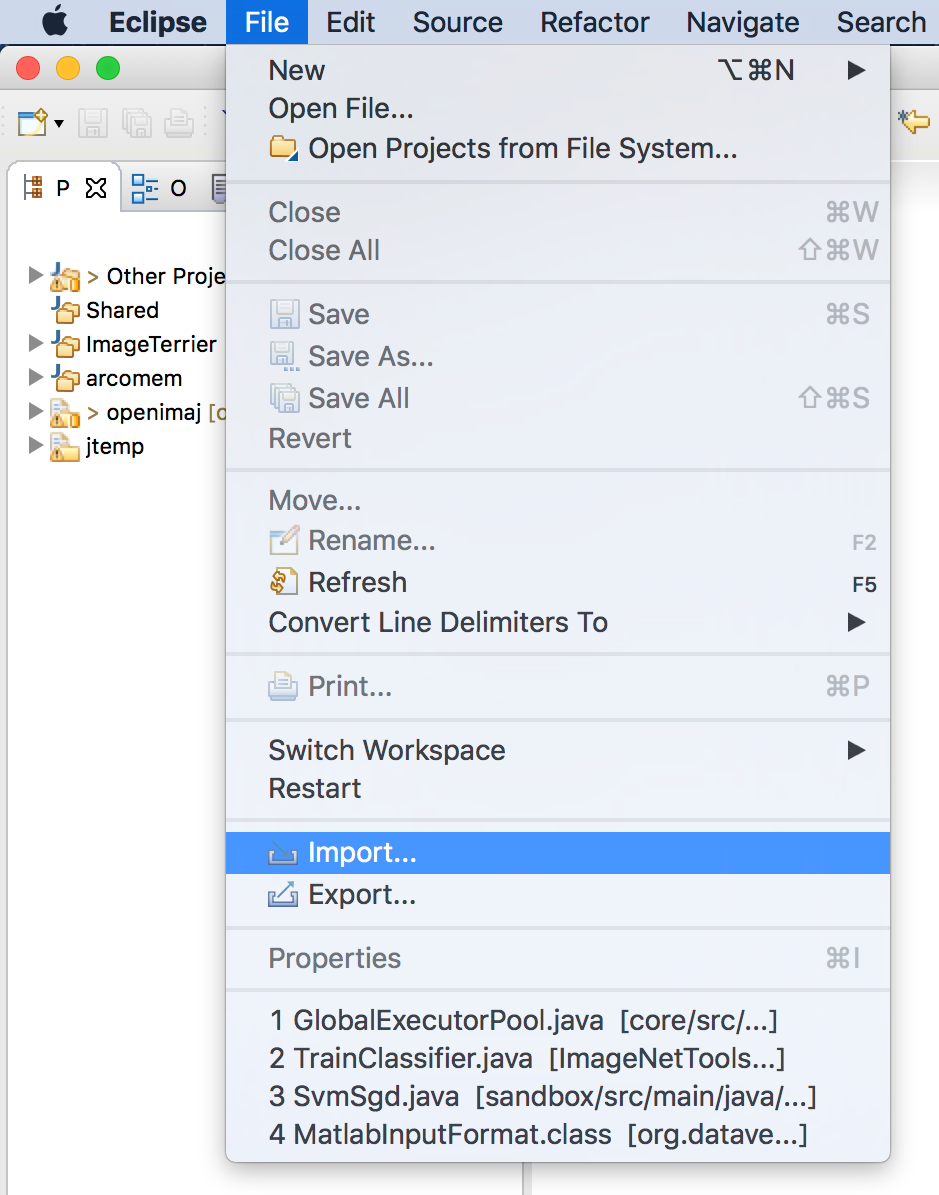 Eclipse import menu